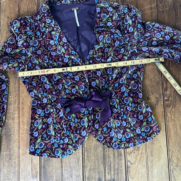 Free People Y2K style short velvet puff sleeve Floral Blazer ribbon tie rescue - Picture 4 of 8